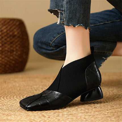 Fashionable Splicing Comfortable Medium Heel Short Boots 2025 Autumn and Winter New Fashion Boots Women's Retro Square Toe Thick Heel Elastic Boots