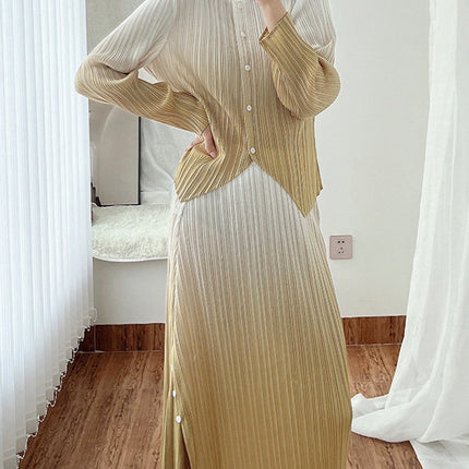 Miyake Pleated Women's Clothing with a Complete Set of Clothes, Feminine Gradient Jacket, Pleated Skirt Two-Piece Set