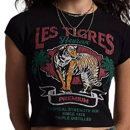 Cross-Border New Summer Round-Neck Tiger Print Short Crop Top Sexy Tight-Fitting Top for Women Slim Fit Summer Quirky Style