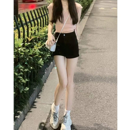 Black Denim Shorts Women's Spring and Autumn Thin New High Waist Loose A- shaped Ultra Short Tight Hot Pants Spice Girls