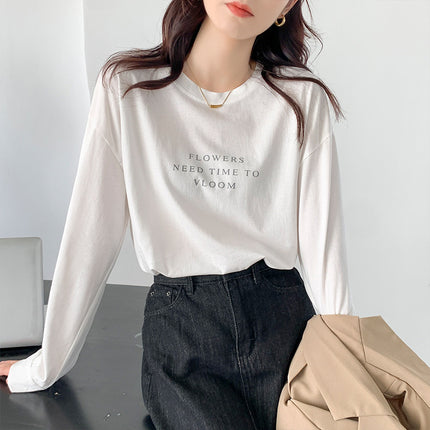 2023 new white long-sleeved T-shirt women's round neck autumn bottoming shirt inner loose plus size cotton top fashion