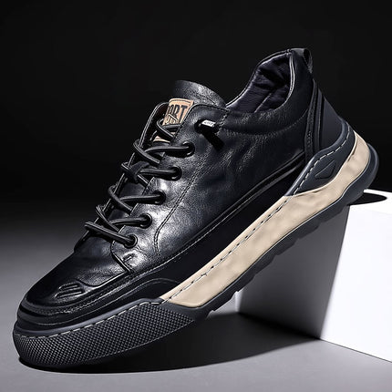 Men's Board Shoes Casual Leather Shoes Men's Summer Hollow Breathable Leather Sandals Real Cowhide sneaker Youth Shoes Black