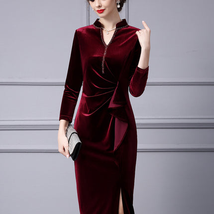 Zhili Lady Brand Women's Noble Elegant Stereo Cutting Pleated Waist Spring & Fall Bottoming Velvet Dress