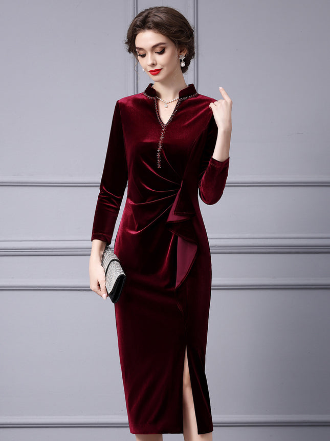 Zhili Lady Brand Women's Noble Elegant Stereo Cutting Pleated Waist Spring & Fall Bottoming Velvet Dress
