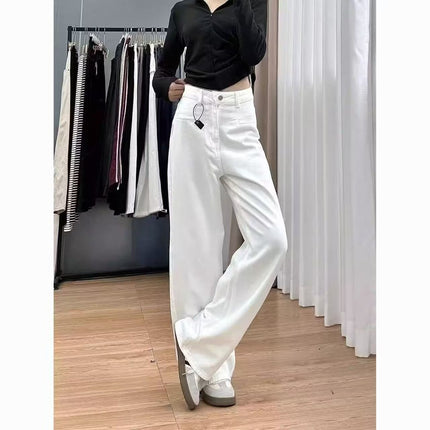 2025 White Wide-Leg Draped Floor-Length Jeans for Women, High-Waisted Slimming Straight Pants, Loose Autumn New Trend