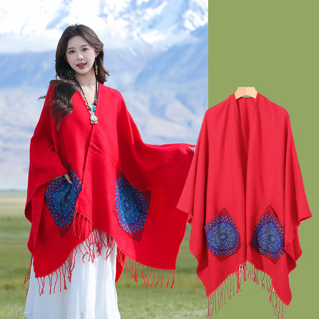 Xinjiang Xizang Travel Photo Split Pocket Ethnic Scarf Women's Dual-use Warm Outer Cape Cape Shawl