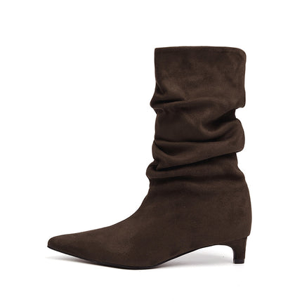 Cowhide Version ~ French Style Kitten Heel Short Boots, Feminine Slimming Look Pointed Toe Pile Boots, Suede Stiletto Slim Boots
