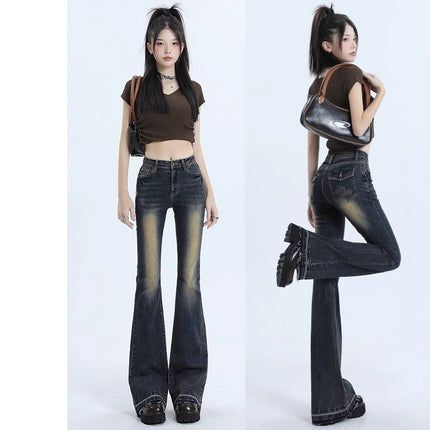Vintage Nostalgic Micro-La Jeans Women's Fashion All-Match New American Style Slim-Fit High Waist Slimming Horn Trousers