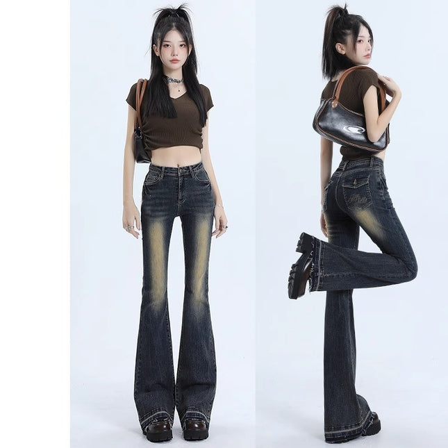 Vintage Nostalgic Micro-La Jeans Women's Fashion All-Match New American Style Slim-Fit High Waist Slimming Horn Trousers