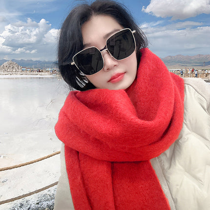 Mohair cold-proof brushed thickened Korean style solid color scarf scarf women's autumn and winter neck protection warm big tassel New