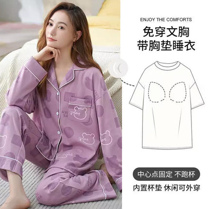 Women's pajamas with chest pad Spring and Autumn long-sleeved cotton wear-free bra anti-bump outerwear homewear suit wholesale