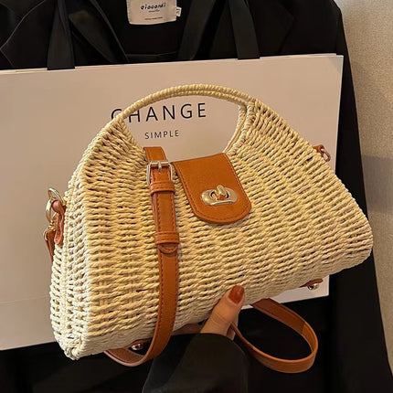 One Piece Hair Woven Bag Women's Bamboo Woven Bag Rattan Woven Bag Seaside Beach Portable Large Capacity Crossbody Bag Tote Bag