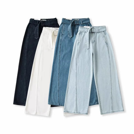 American Retro Wide-Leg Jeans Spring New High-Waist Belt Loose Slimming Look Casual Straight Pants Floor-Length Pants