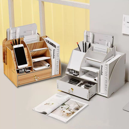 Wooden Office Desk Information Rack Stationery Filing Rack File Rack with Drawer Storage Box Desktop Creative Storage Box