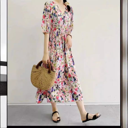 Cotton floral dress 2024 new thin waist pure wind Amazon artificial cotton beach dress fairy dress