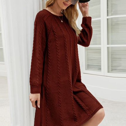 Cross-Border Export Popular Autumn and Winter Fashion Pure Color Long Sweater Dress Round Neck Cable Loose A-Line Knitted Dress