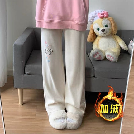 Apricot Japanese Dopamine Cute Girl Cat Print Casual Pants for Female Students Loose Drape Commuting Trousers
