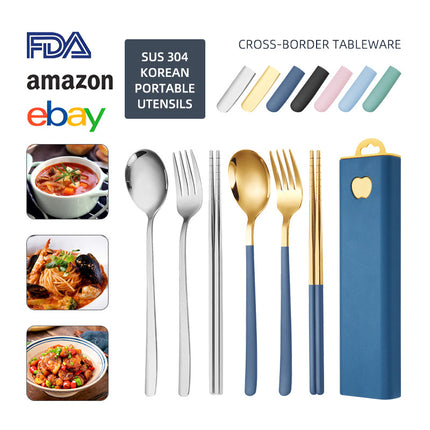 304 Stainless Steel Convenient Tableware Fork, Spoon and Chopsticks Three-Piece Set Outdoor Travel Student Storage Box Tableware Set
