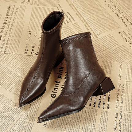 Pointed Toe Short Boots for Women with Back Zipper, Elegant Nude Boots, Thick Heels, 2025 Autumn and Winter New Style French Leather Boots, High Heels and Slim Boots