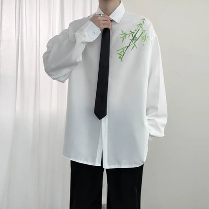 New Chinese Style Ice Silk Tang Dress Shirt Men's National Style Vintage Oil Painting Green Bamboo Printing Long Sleeve Shirt