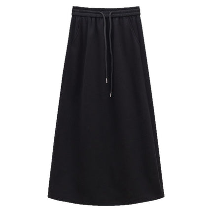 Korean Style Fleece-Lined Skirt for Women, Autumn and Winter 2025 New Drawstring High-Waisted Straight Casual Skirt, Versatile A-Line Long Skirt