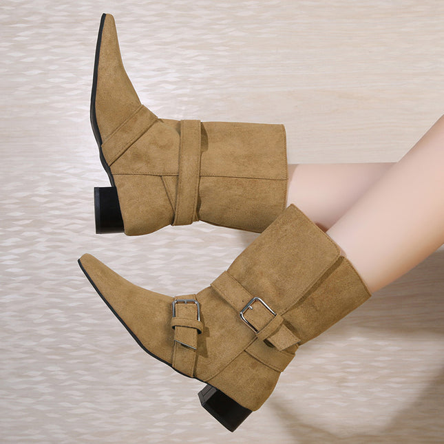 Square Toe Belt Buckle Thick Heel Two-Wear Boots for Women 2024 Autumn and Winter New Retro Style Cowhide Leather Comfortable Thick Heel Fashion Boots