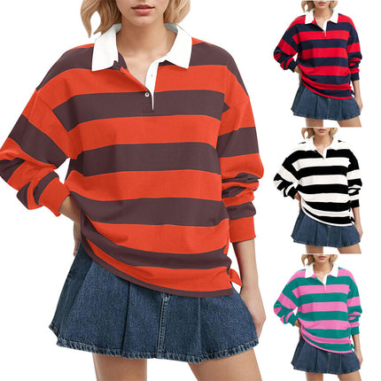 2025 European and American Cross-Border Long-Sleeved Stripesd T-Shirt Autum New Casual Versatile Loose Lapel Top