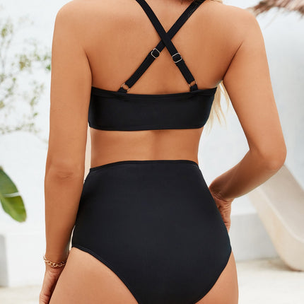2025 New European and American Bikini Cross-border Trade Solid Color Pleated High Waist Sexy Bikini Split Swimwear