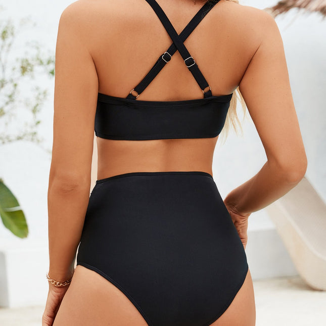 2025 New European and American Bikini Cross-border Trade Solid Color Pleated High Waist Sexy Bikini Split Swimwear