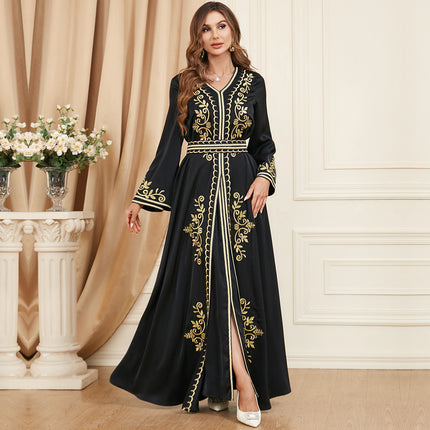 3346 Long Dress Set with Slit and Long Sleeves, Autumn and Winter Women's Wear, Embroidered Clothing Two-Piece Dress Set