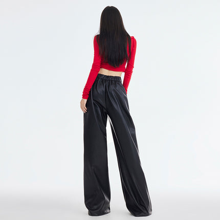 Eye-Catching Moment 2025 Autumn and Winter Versatile American Retro Elastic Waist Wide-Leg Casual Loose Black Leather Pants