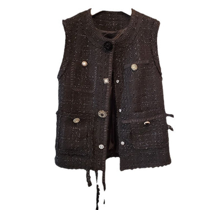 2026 Spring Fashion Chanel-Style Heavy-Duty Rhinestone Button Vest Jacket Slimming Tweed Versatile Slimming Top for Women
