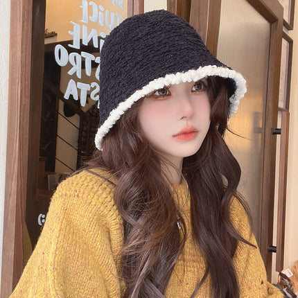 Color-Blocked Bucket Hat for Women, Trendy Knitted Hat, Spring and Autumn Korean Style, Versatile, Face-Slimming, Face-Covering Fisherman Hat