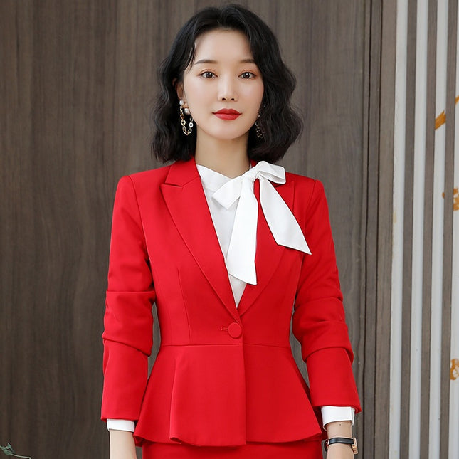Red suit suit women's autumn and winter slim-fit high-end business wear temperament goddess fan jewelry shop beauty salon overalls
