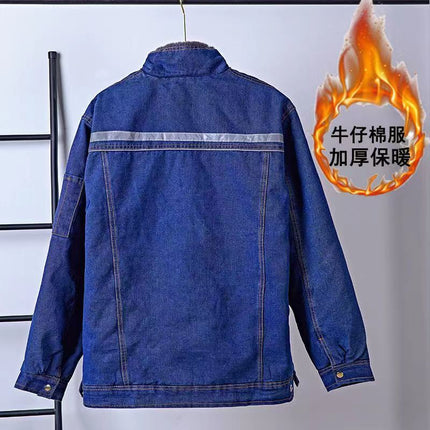 Winter Work Cotton Jacket Men's Large Size Mid-Length Live Surface Welding Denim Labor Protection Jacket Denim Jacket