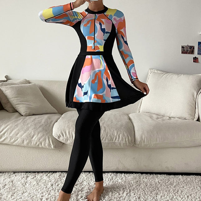 New Style Printed Long-Sleeved Conservative Full-Coverage Swimsuit Three-Piece Set Tight-Fitting Sun-Protective Hot Spring Swimwear