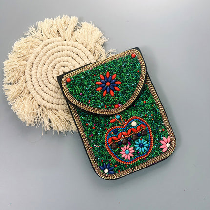 Red Lotus Women's Mobile Phone Bag Xinjiang Inner Mongolia Yunnan Travel Souvenir Retro Heavy Industry Rice Bead Shoulder Bag