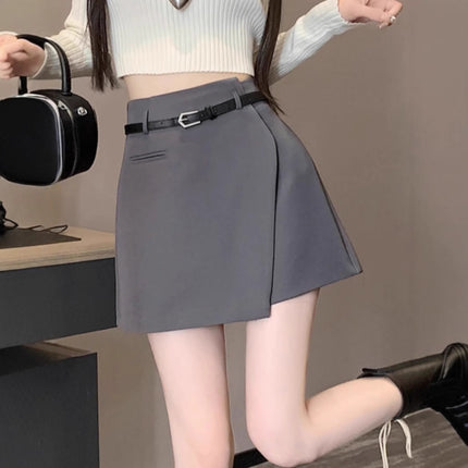 Irregular Grey Suit Skirt Women's Spring and Autumn Short Loose Wide Leg Skirt High Waist Slim A- line Skirt
