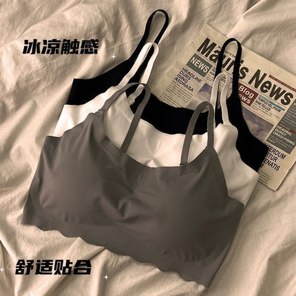 Seamless Underwear Ice Silk Thin Summer Camisole Women's Full Cup Girls Big Breasts Sleeping Bra