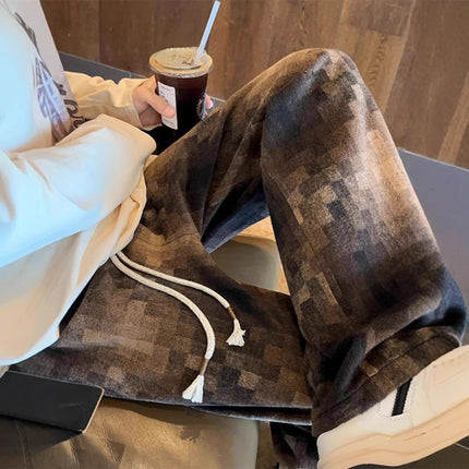 plus size American Retro Pixel Plaid Pants Men's Autumn and Winter Fashion Brand High Street Niche Design Loose Casual Pants