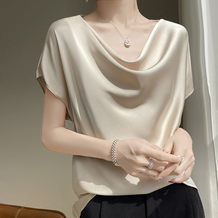 Silk Satin 2025 Spring and Summer New Short Women's French Collar Elegant T-Shirt Simple Short-Sleeved Large Size Top