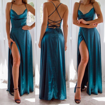 2025 New European and American Foreign Trade Women's Sexy Slim Slim-Fit Backless Amazon Strap Tight Waist Dress Long Dress