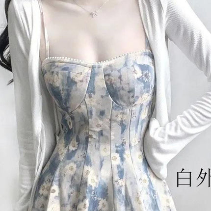 Tea Break French Pure Desire Blue Oil Painting Dress Women's Summer New Fairy Floral Waist Suspender Mid-Length Skirt