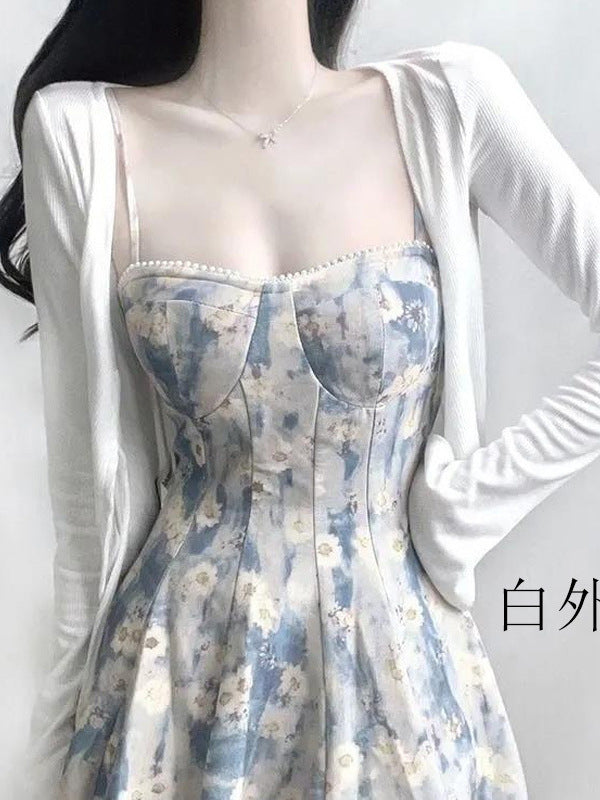 Tea Break French Pure Desire Blue Oil Painting Dress Women's Summer New Fairy Floral Waist Suspender Mid-Length Skirt