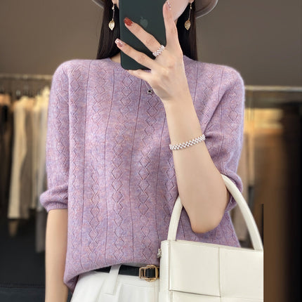 23 woolen sweater women's round neck short sleeve knitted bottoming shirt half sleeve hollow-out design top wholesale