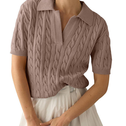 2025 Export Amazon European and American Clothing Polo Collar Short-Sleeved Knitwear Women's Casual Pure Color Cable Knitted Knitwear