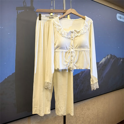 New Style Pajamas Women's Dummy French Style Spring and Autumn Island Velvet Belt Chest Pad Outer Wearing Warm suit Home Clothes Winter