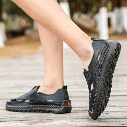 Cross-Border Hot-Selling Summer New Products Large Size Hand-Stitched Casual Breathable Mesh Genuine Leather Toe-Cap Sandals and River Shoes