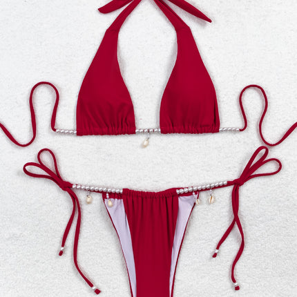 Europe and the United States cross-border split two-piece women's sexy red with pearl jewelry suit swimsuit swimsuit 2025 new