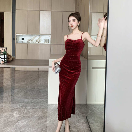2160 autumn and winter socialite temperament gold velvet condole belt dress gypsophila rhinestone dress fishtail skirt slim dress
